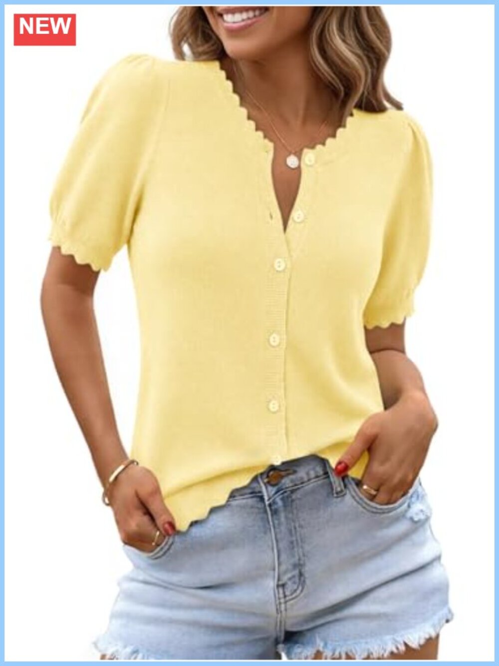 Puff Short Sleeve Cardigan Lightweight Knit Sweater Scallop Hem Button Down